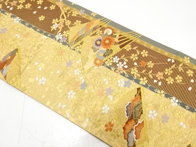 Fukuro obi, weaved with weeping cherry blossoms, fan, chrysanthemum, and kasamat